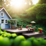 An image showcasing a picturesque tiny house nestled amidst lush greenery, with a charming porch adorned with potted plants