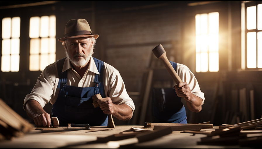 An image showcasing a person confidently wielding a hammer, surrounded by stacks of lumber, blueprints, and measuring tapes