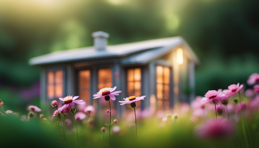 An image showcasing a serene outdoor setting with a small, meticulously crafted tiny house nestled among lush greenery