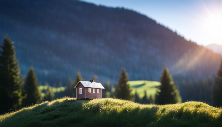 An image showcasing a serene landscape with a beautifully designed, minimalist tiny house nestled among towering evergreen trees, illustrating the cost of building a tiny house and the potential for a simpler, more sustainable lifestyle