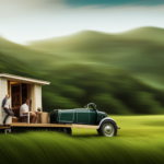 An image showcasing a tiny house being transported on a flatbed trailer, surrounded by lush green countryside
