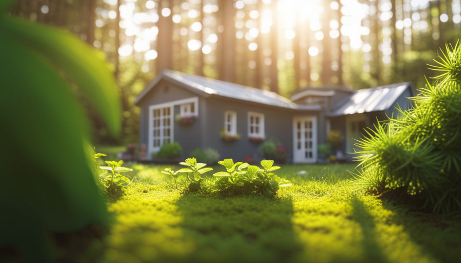 An image showcasing a blueprint of a cozy, off-grid tiny house nestled amidst lush greenery