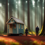 An image showcasing a tiny house nestled between towering redwood trees, capturing the perspective of a person standing beside it, emphasizing the immense height difference and highlighting the compactness of the tiny house