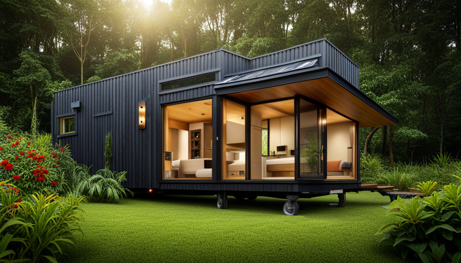 An image showcasing a picturesque, eco-friendly tiny house nestled amidst lush greenery
