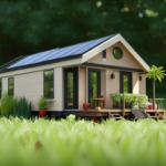 An image showcasing a compact, eco-friendly tiny house nestled amidst lush greenery, adorned with solar panels, rainwater collection system, and repurposed materials, reflecting the essence of building a budget-friendly dream home