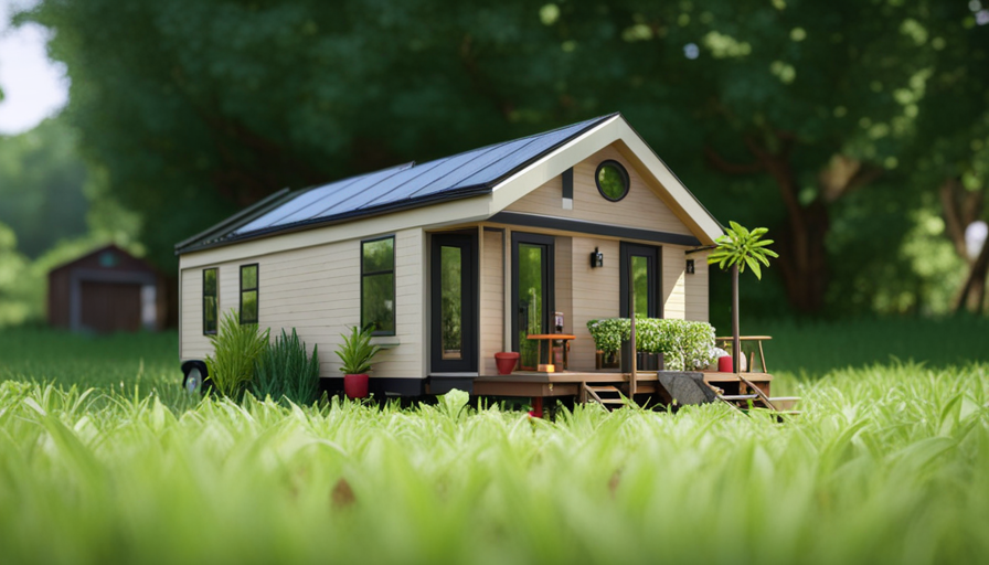 An image showcasing a compact, eco-friendly tiny house nestled amidst lush greenery, adorned with solar panels, rainwater collection system, and repurposed materials, reflecting the essence of building a budget-friendly dream home
