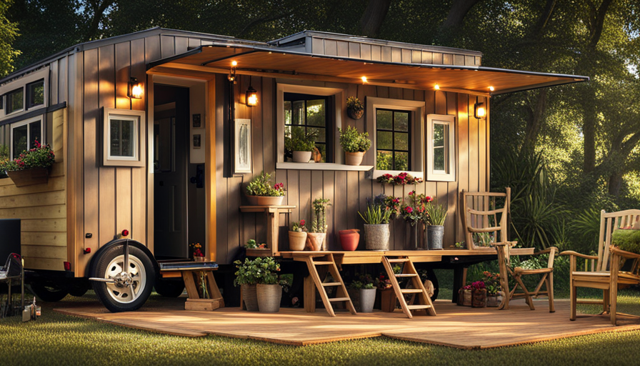 An image showcasing a small trailer adorned with reclaimed wood siding, a cozy loft space with large windows, solar panels on the roof, and a charming porch with potted plants and outdoor furniture, illustrating the cost-effective process of building a tiny house on wheels