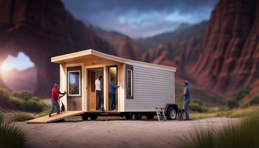 An image showcasing a step-by-step process of constructing a tiny house on wheels