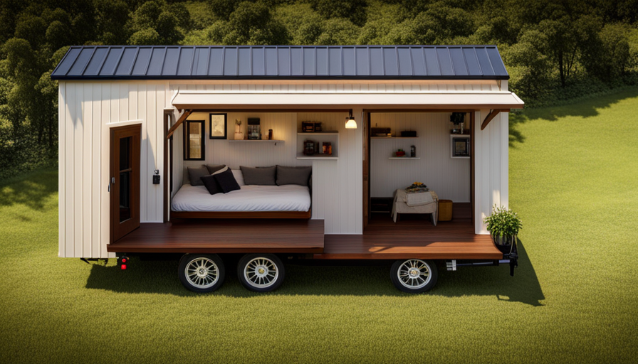 Al view of a compact, meticulously designed tiny house on wheels, nestled amidst a picturesque landscape