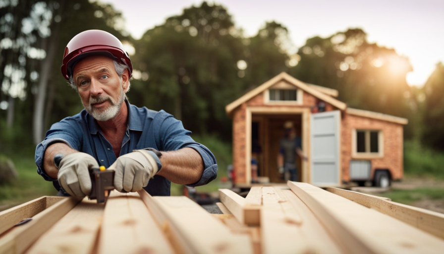 An image showcasing a series of precise steps for building a tiny house: measuring and cutting lumber, assembling the foundation, framing walls, installing windows, attaching the roof, and finishing with sleek exterior siding