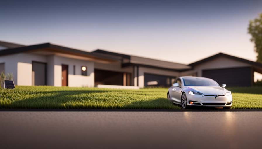 An image of a picturesque suburban street with a cozy Tesla Tiny House parked in front of a sleek Model S
