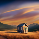 An image showcasing a picturesque Californian landscape, with a charming and compact tiny house nestled among towering palm trees, complemented by a backdrop of rolling hills, endless blue skies, and a vibrant sunset