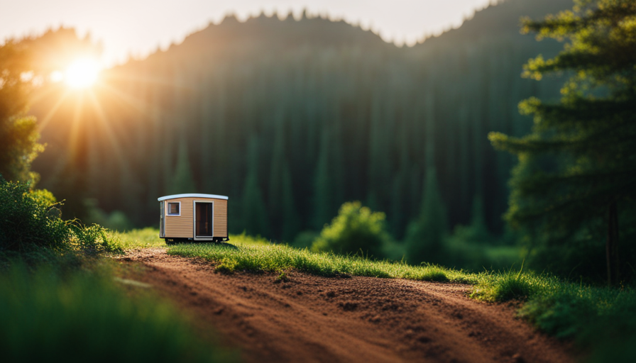 An image showcasing a picturesque view of a serene forest landscape, where a beautifully designed Tesla Tiny House stands on wheels, surrounded by lush greenery, inviting readers to explore the blog post on how to purchase it