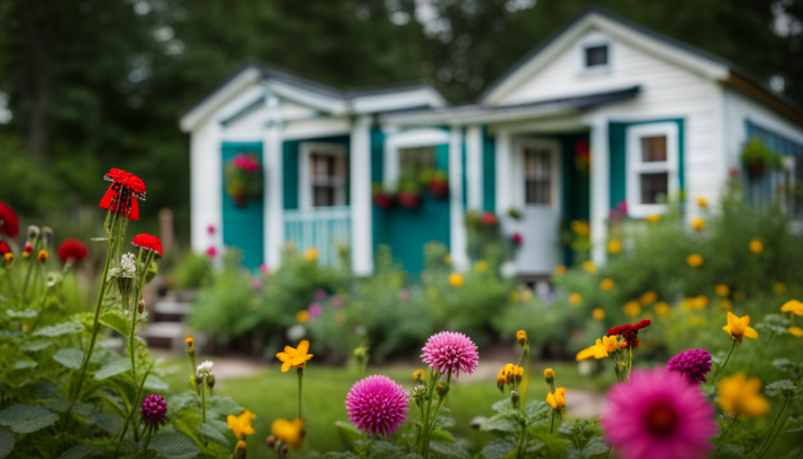 An image showcasing a vibrant community garden, with colorful flowers blossoming amidst charming, eco-friendly tiny houses nestled amongst the greenery, illustrating the steps to acquire a free tiny house