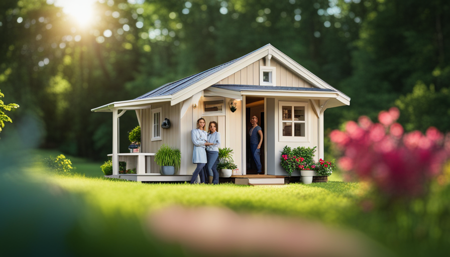 An image featuring a cozy, minimalist tiny house nestled amidst lush greenery