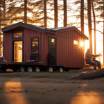  a vibrant and cozy tiny house nestled amidst towering pine trees, adorned with a charming porch swing and floor-to-ceiling windows