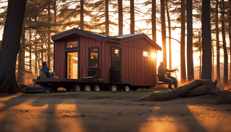 a vibrant and cozy tiny house nestled amidst towering pine trees, adorned with a charming porch swing and floor-to-ceiling windows
