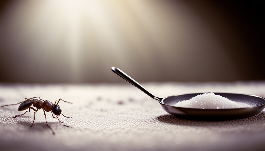 An image showcasing a kitchen countertop with scattered sugar granules attracting a trail of tiny ants