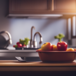 An image depicting a well-lit kitchen with fresh fruit and vegetables in a fruit bowl, a tightly sealed trash can, and a clean sink