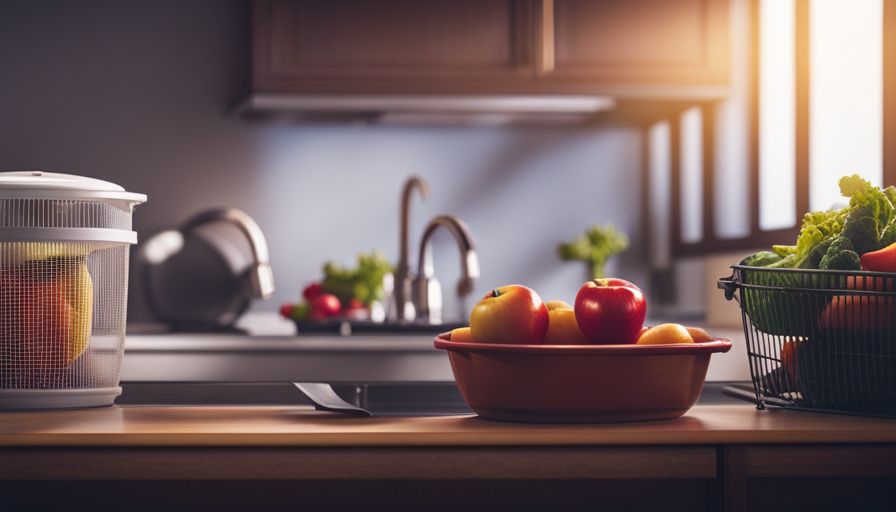 An image depicting a well-lit kitchen with fresh fruit and vegetables in a fruit bowl, a tightly sealed trash can, and a clean sink