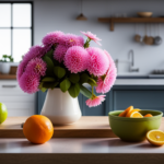 An image capturing a well-lit kitchen with a vibrant bouquet of fresh flowers, a bowl of citrus fruits, and a strategically placed flytrap, showcasing natural remedies to eliminate tiny flying bugs in your house