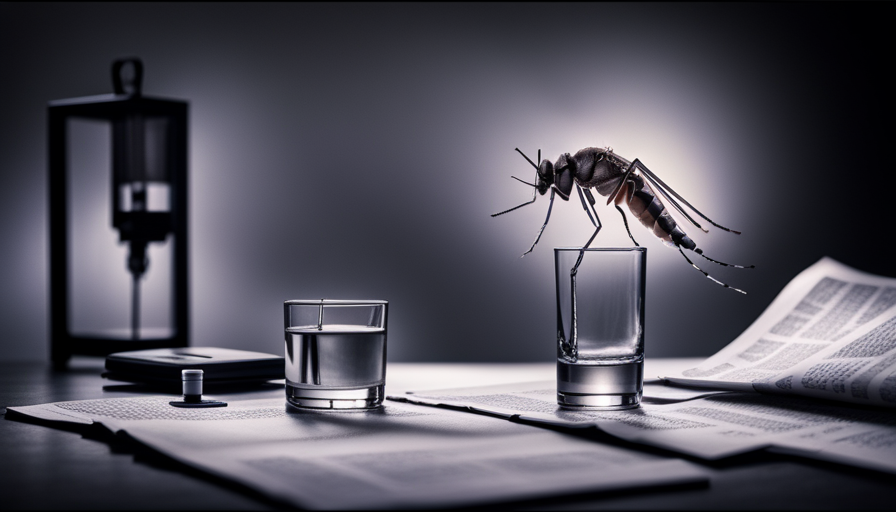 An image depicting a close-up view of a bedroom with a small mosquito hovering above a half-filled glass of water, alongside a rolled-up newspaper and a plug-in mosquito repellent device on a bedside table