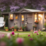 An image showcasing a shed transformed into a charming tiny house: A picturesque backyard setting, with a cozy dwelling adorned in rustic wood, surrounded by blooming flowers, a small patio with a hammock, and a quaint garden
