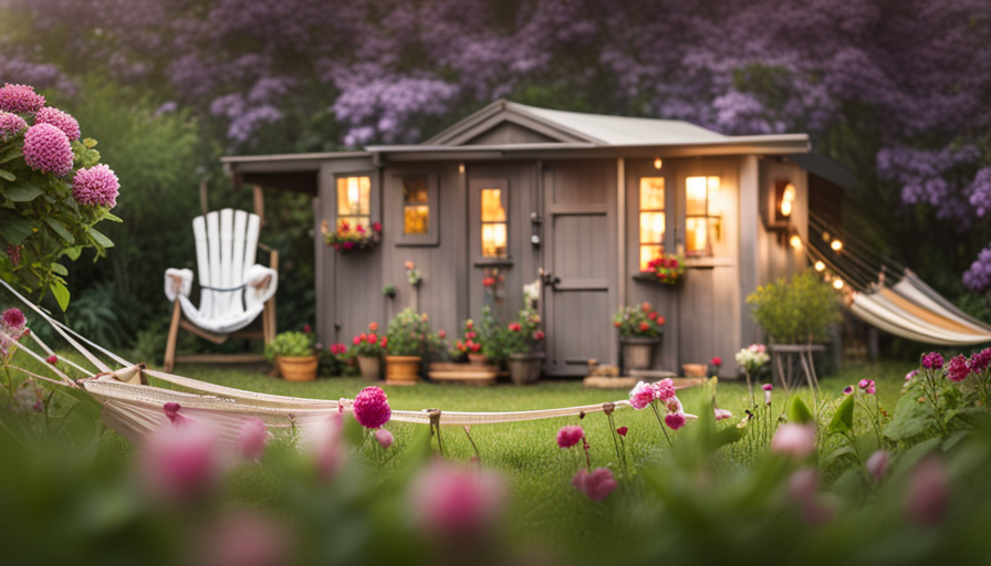 An image showcasing a shed transformed into a charming tiny house: A picturesque backyard setting, with a cozy dwelling adorned in rustic wood, surrounded by blooming flowers, a small patio with a hammock, and a quaint garden