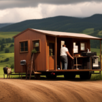 An image that showcases a sturdy truck hitched to a tiny house on skids, surrounded by a picturesque landscape of rolling hills, with a team of movers carefully guiding the house onto the trailer