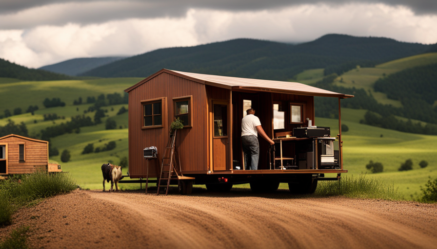 An image that showcases a sturdy truck hitched to a tiny house on skids, surrounded by a picturesque landscape of rolling hills, with a team of movers carefully guiding the house onto the trailer