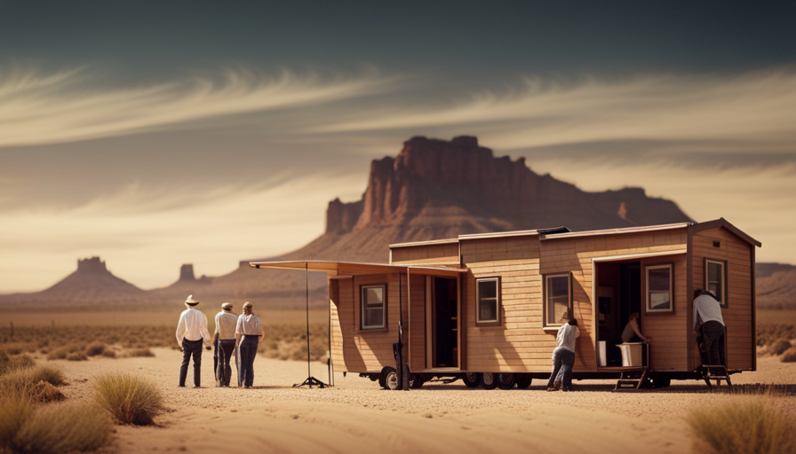 An image depicting a group of people carefully maneuvering a compact, beautifully designed tiny house onto a sturdy trailer, showcasing the intricate process of relocating it to a new scenic location