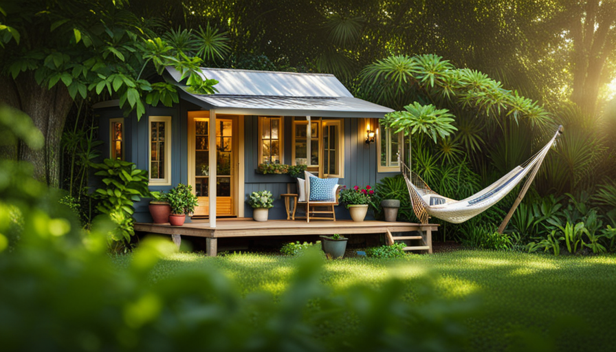 An image showcasing a cozy, minimalist tiny house nestled amidst lush greenery, with sun-kissed windows, a quaint porch adorned with potted plants, and a hammock swaying gently in the summer breeze