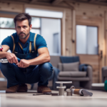 An image showcasing a step-by-step process of plumbing a tiny house: a skilled hand tightening a pipe joint, water flowing through transparent pipes, and a perfectly installed faucet, all against a backdrop of a compact and cozy living space