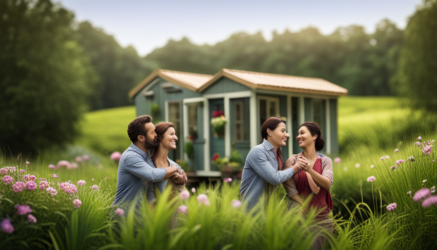 An image capturing a serene countryside scene, where a couple is carefully inspecting a charming, fully furnished tiny house, surrounded by lush greenery