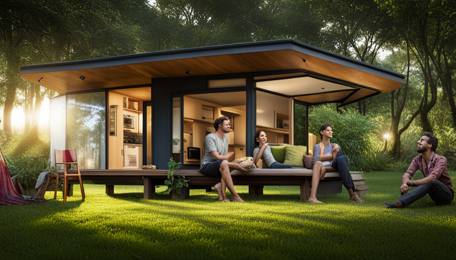An image capturing the essence of a vibrant and eco-friendly Tiny House Community, showcasing a cluster of charming, sustainable dwellings surrounded by lush greenery, communal spaces, and smiling residents engaged in meaningful interactions