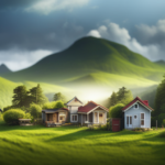 An image that showcases a picturesque piece of land with multiple tiny houses, each uniquely designed and surrounded by lush greenery