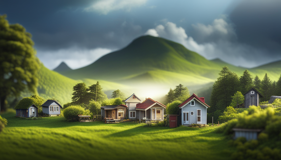 An image that showcases a picturesque piece of land with multiple tiny houses, each uniquely designed and surrounded by lush greenery