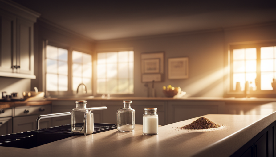 An image showcasing a clean, well-lit kitchen counter with scattered breadcrumbs, a droplet of sugar syrup, and a trail of tiny black bugs leading towards a strategically placed jar of homemade insect repellent