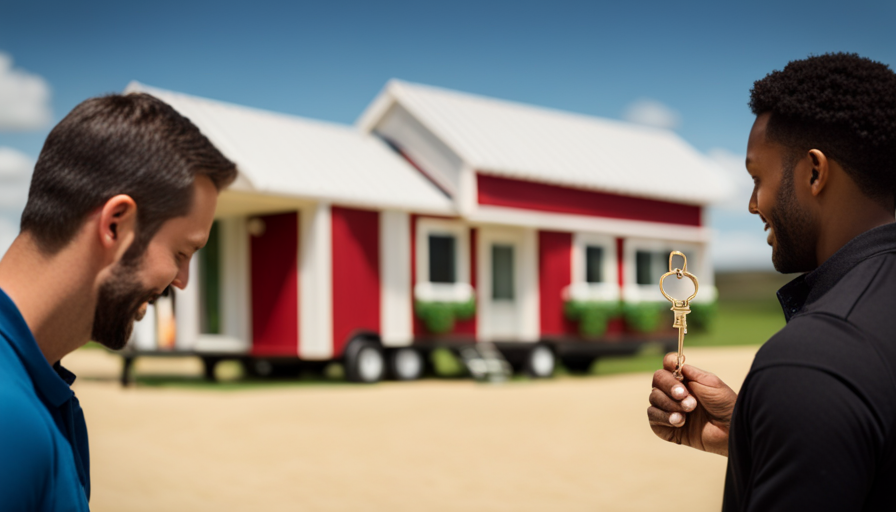 An image showcasing a cheerful couple in front of their stunning tiny house, handing over a large golden key to a beaming builder, symbolizing the partnership and financial collaboration behind the scenes of "Tiny House Nation