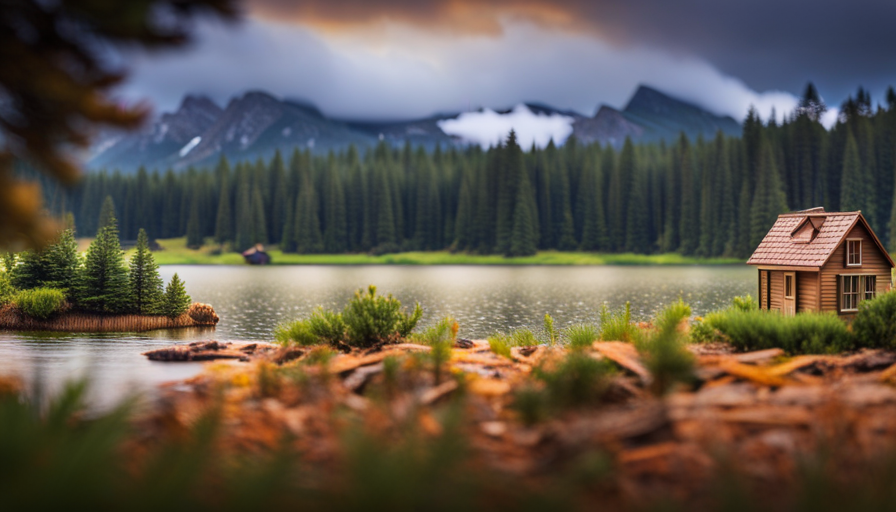 An image showcasing a serene, idyllic landscape with a picturesque lake nestled amidst towering pine trees