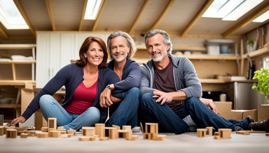 An image capturing the present lives of Tony and Lori from Tiny House Nation: Tony, a successful architect, designing eco-friendly homes, while Lori operates a flourishing organic farm with chickens and vibrant crops