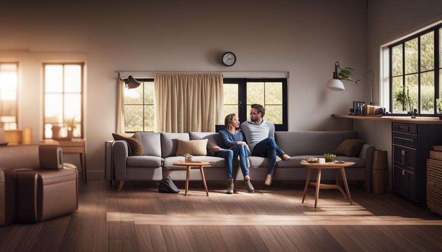 An image showcasing a cozy, sunlit living room in a tiny house, adorned with large windows to emphasize natural light, a multifunctional furniture layout, and clever storage solutions maximizing space efficiency