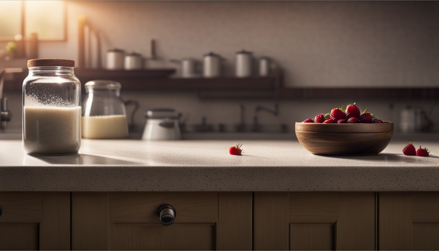 An image showcasing a close-up view of a spotless kitchen counter, invaded by minuscule brown insects scurrying near a forgotten fruit bowl, a damp sponge, and a sugar jar left uncapped