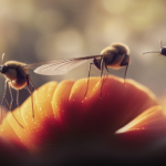 An image showcasing a bright, sunlit kitchen with a close-up of buzzing tiny gnats hovering around overripe fruit, their translucent wings glistening as they dance through the air