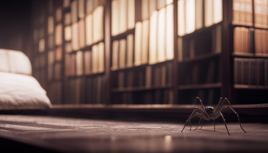 An image depicting a close-up view of a corner in a dimly lit room, where delicate cobwebs intricately connect furniture legs, dusty bookshelves, and intricate ceiling corners, revealing an array of tiny spiders inhabiting your house