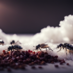 An image showcasing a close-up view of a kitchen countertop, scattered with tiny black insects crawling over sugar granules, bread crumbs, and fruit peels, revealing the presence of those perplexing little bugs invading your home