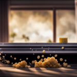 An image featuring a close-up shot of a window sill with scattered crumbs, a damp sponge, and a ripe fruit slice