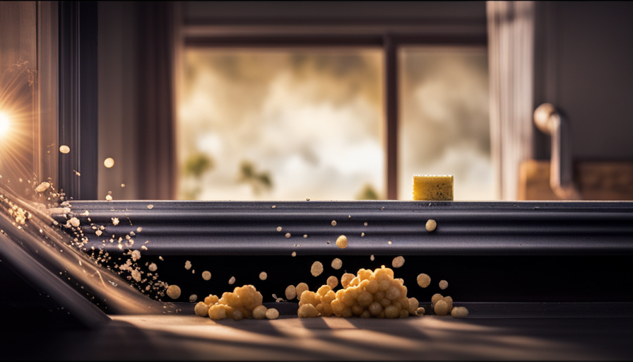 An image featuring a close-up shot of a window sill with scattered crumbs, a damp sponge, and a ripe fruit slice