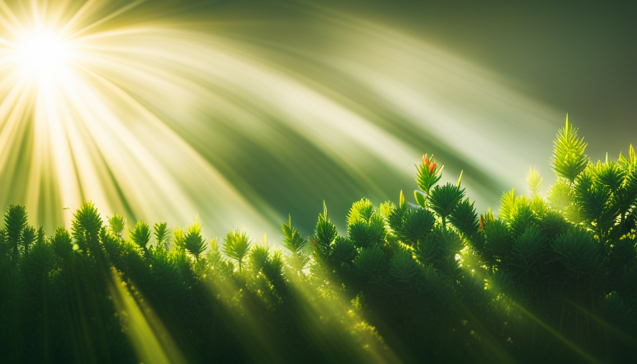 An image capturing a close-up view of a sunlit room, with vibrant green houseplants and delicate rays of light filtering through a slightly open window, revealing a swarm of minuscule translucent-winged insects dancing in mid-air
