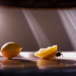 An image capturing the interior of a well-lit room, where a sunbeam cuts through the air, revealing a cluster of minuscule flies buzzing around a decaying fruit, while others hover near a damp sink